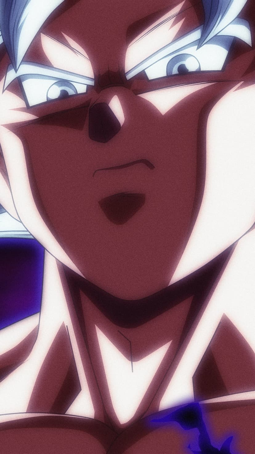 Goku with silver hair and glowing eyes emits a dark purple energy aura in a close-up vertical portrait.