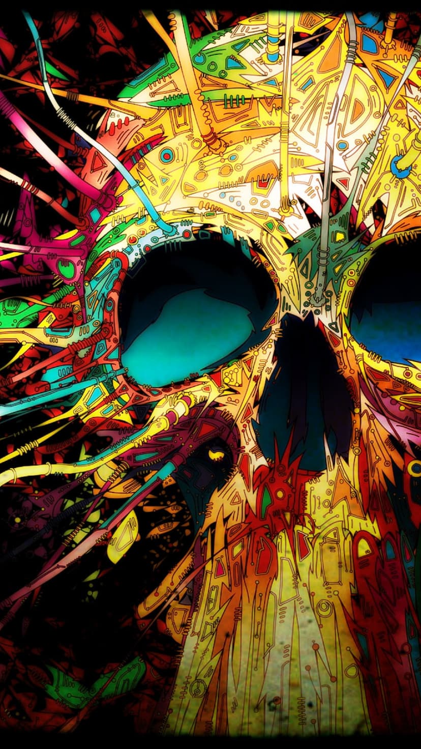 Stylized skull fused with glowing yellow and red circuitry wires against a dark, multi-colored backdrop.