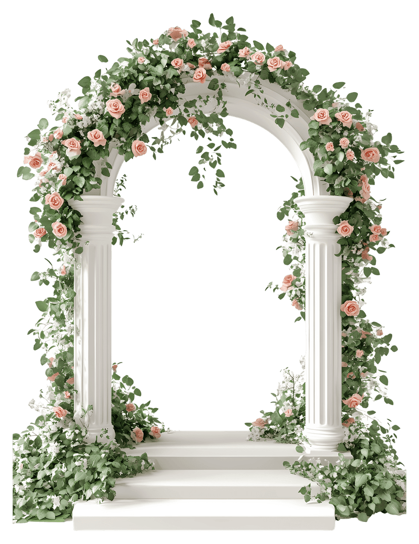 White flower arch featuring realistic roses and green leaves arranged in a curved ceremonial wedding display.