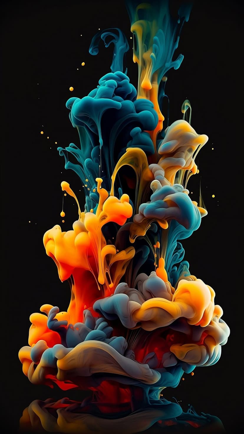 Luminous blue and orange ink swirls move through black water with delicate droplets and organic smoke-like plumes.