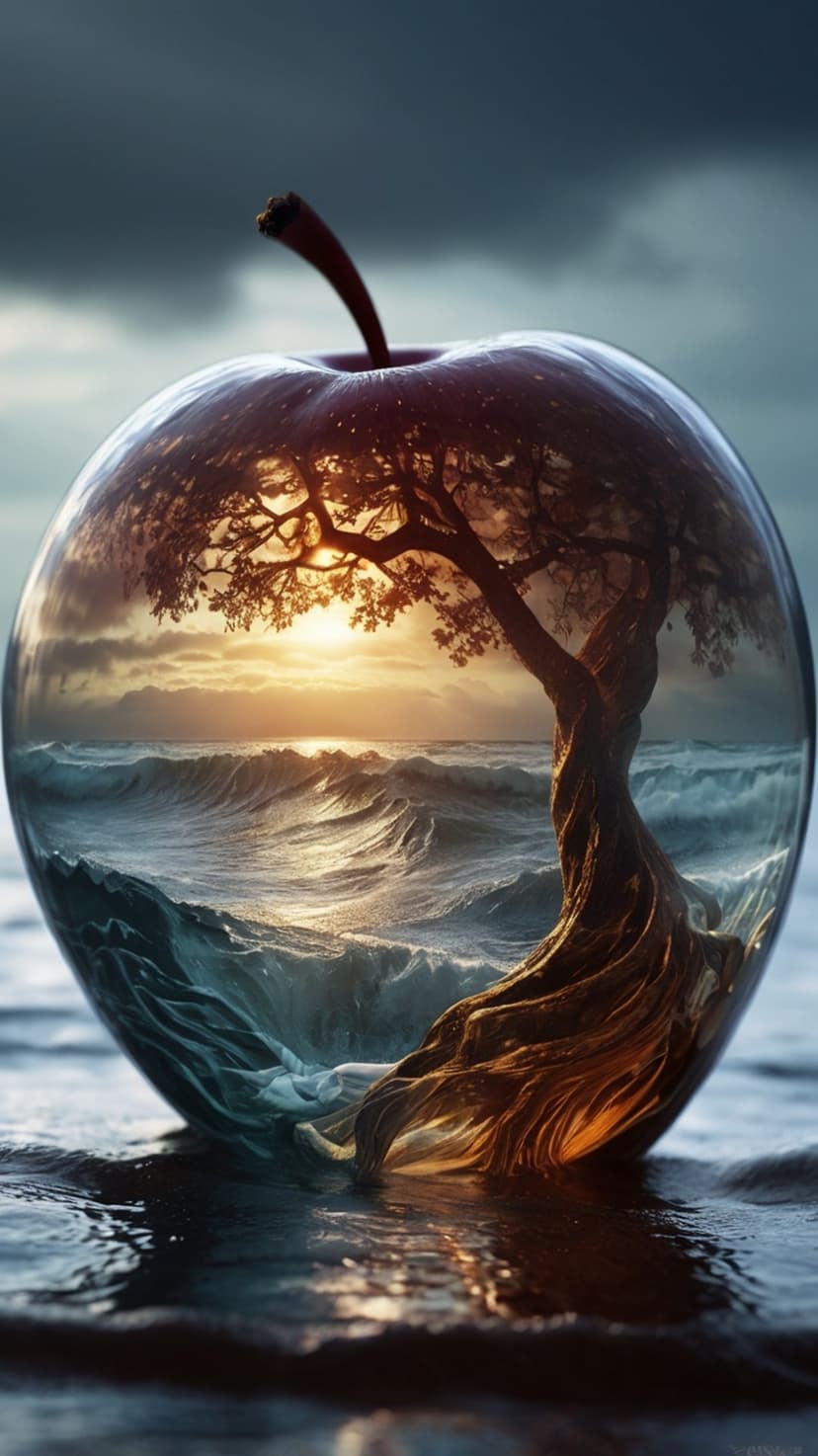 Red apple containing a swirling blue ocean and a gnarled tree under a sunset sky with intricate root systems.