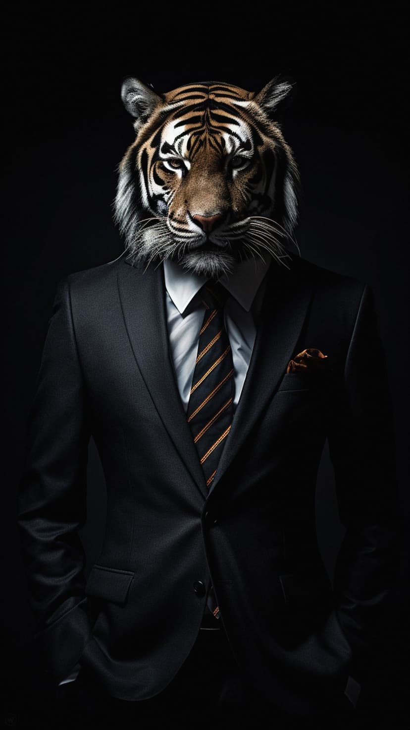 Tiger head on a man wearing a black business suit, white shirt, and striped tie with a focused expression.