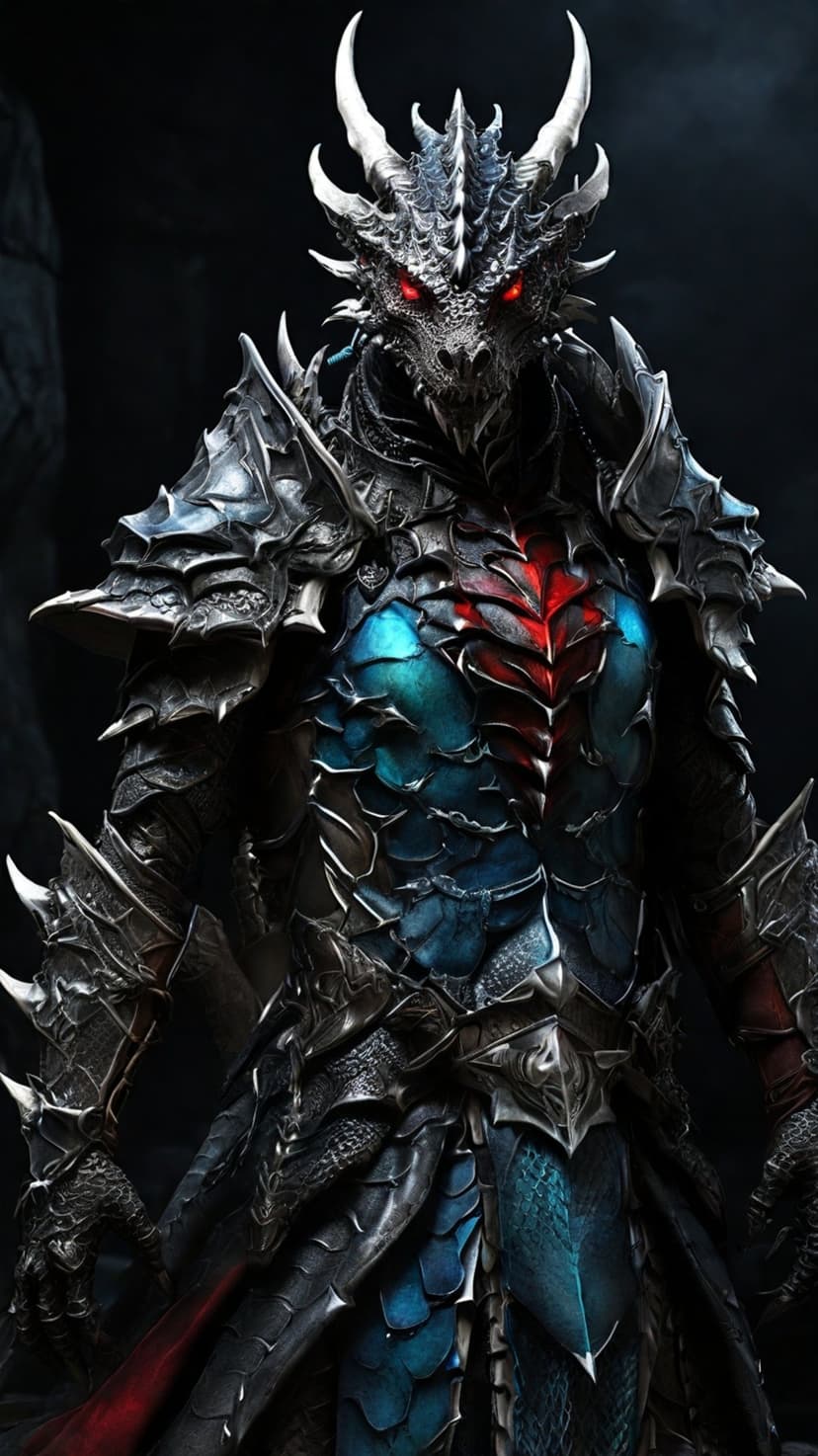 Dragon knight in dark plate armor with glowing red eyes and blue dragon scales visible on the chest plate.