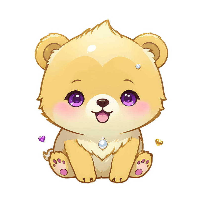 Golden bear cub sticker with purple eyes and fluffy yellow fur wearing a pearl necklace on a white background.