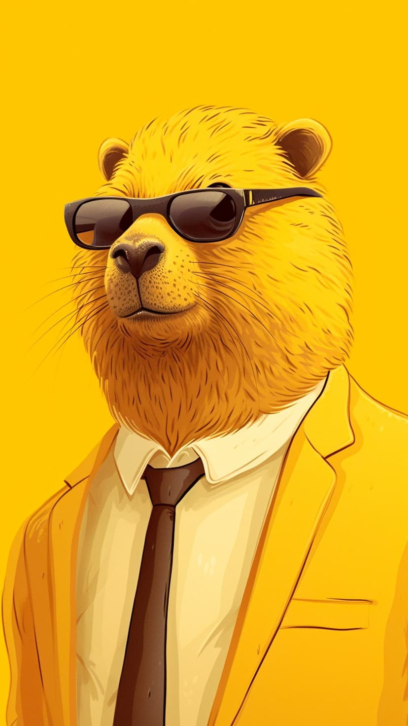 Yellow bear wearing dark sunglasses and a formal yellow suit with a black tie against a solid backdrop.