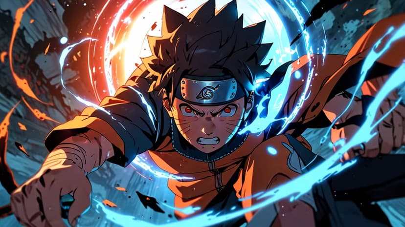 Naruto Uzumaki with Sharingan eyes thrusts a glowing blue Rasengan forward amidst orange energy trails.