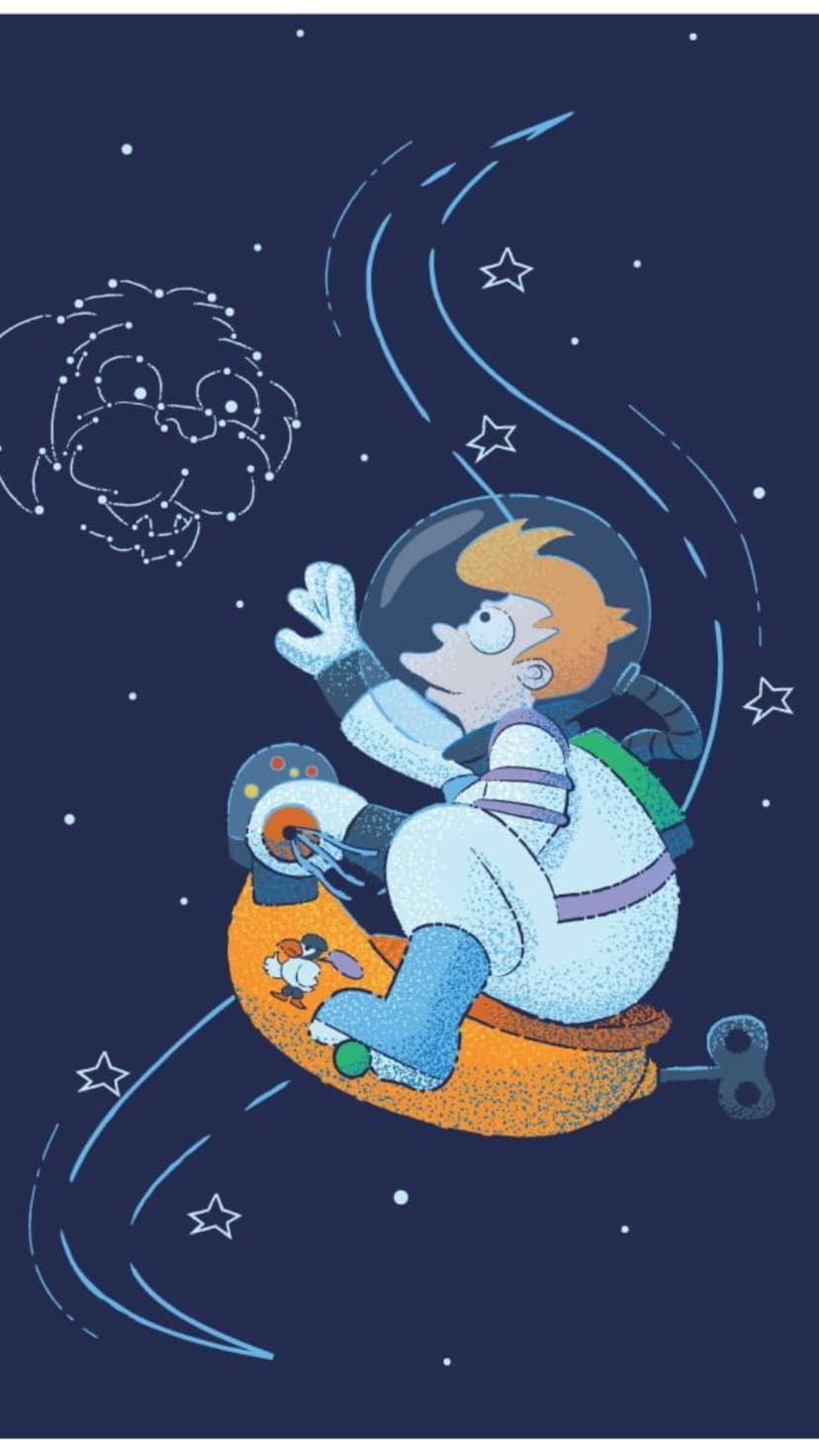 Astronaut child rides an orange toy rocket toward a dog-shaped constellation amidst swirling white stars.