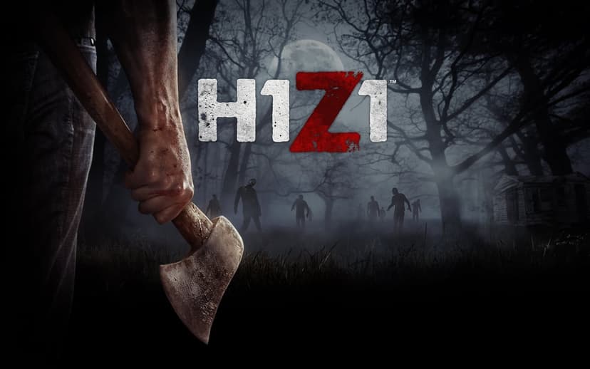 Bloody axe held by a survivor in a dark forest filled with zombie silhouettes under a bright full moon and logo.