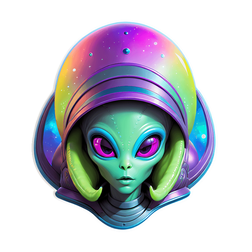Green alien sticker wearing iridescent futuristic helmet with glowing magenta eyes and starry nebula visor.