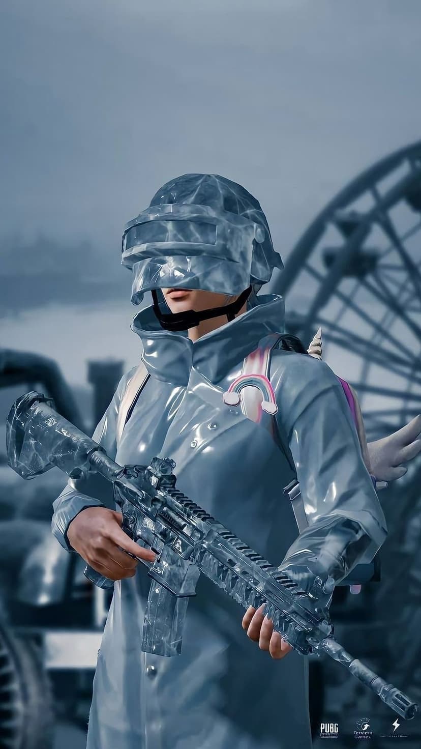 PUBG soldier in ice armor holds a frozen M416 rifle with a small rainbow unicorn charm on their backpack.