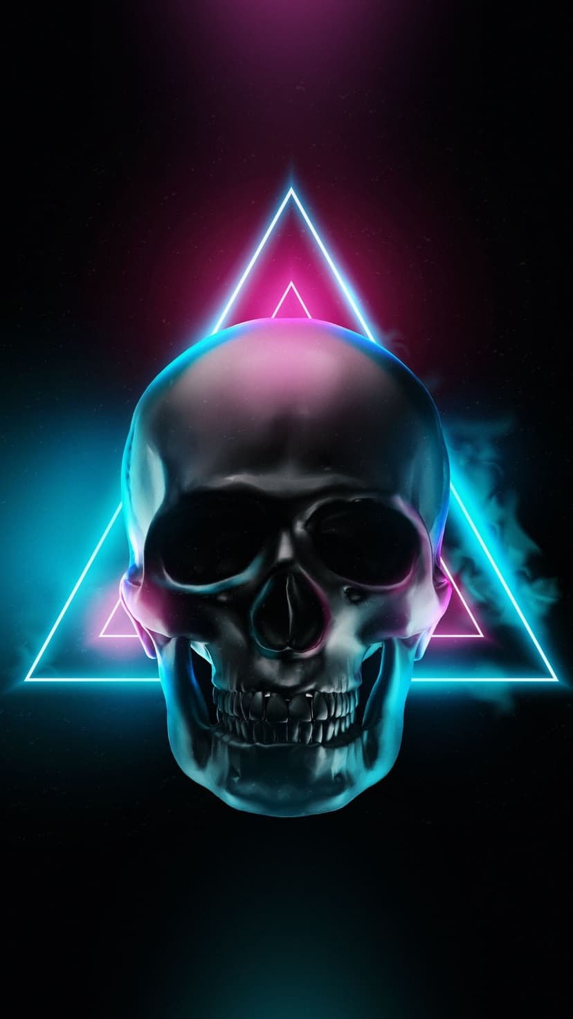 Human skull centered in a glowing pink and blue neon triangle against a dark starry background with smoke.