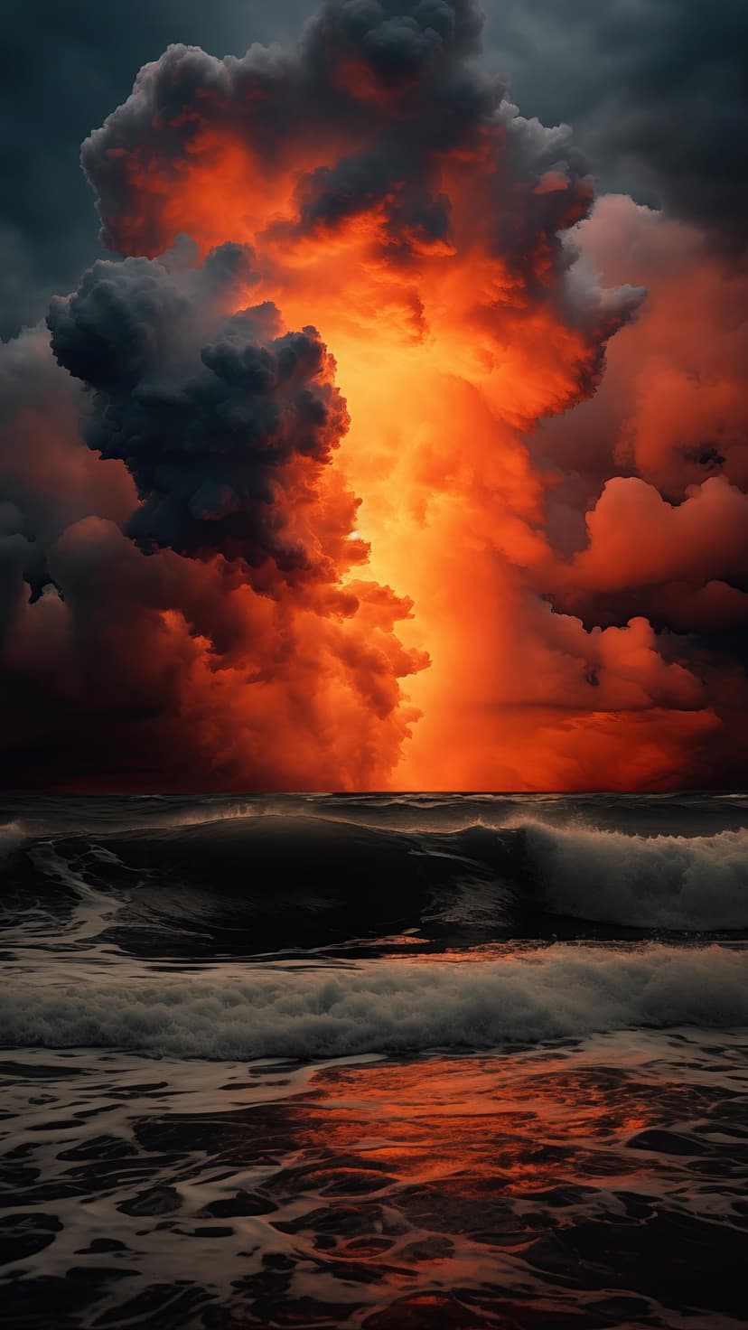 Churning ocean waves surge beneath dark storm clouds illuminated by vibrant orange and red sunset light.