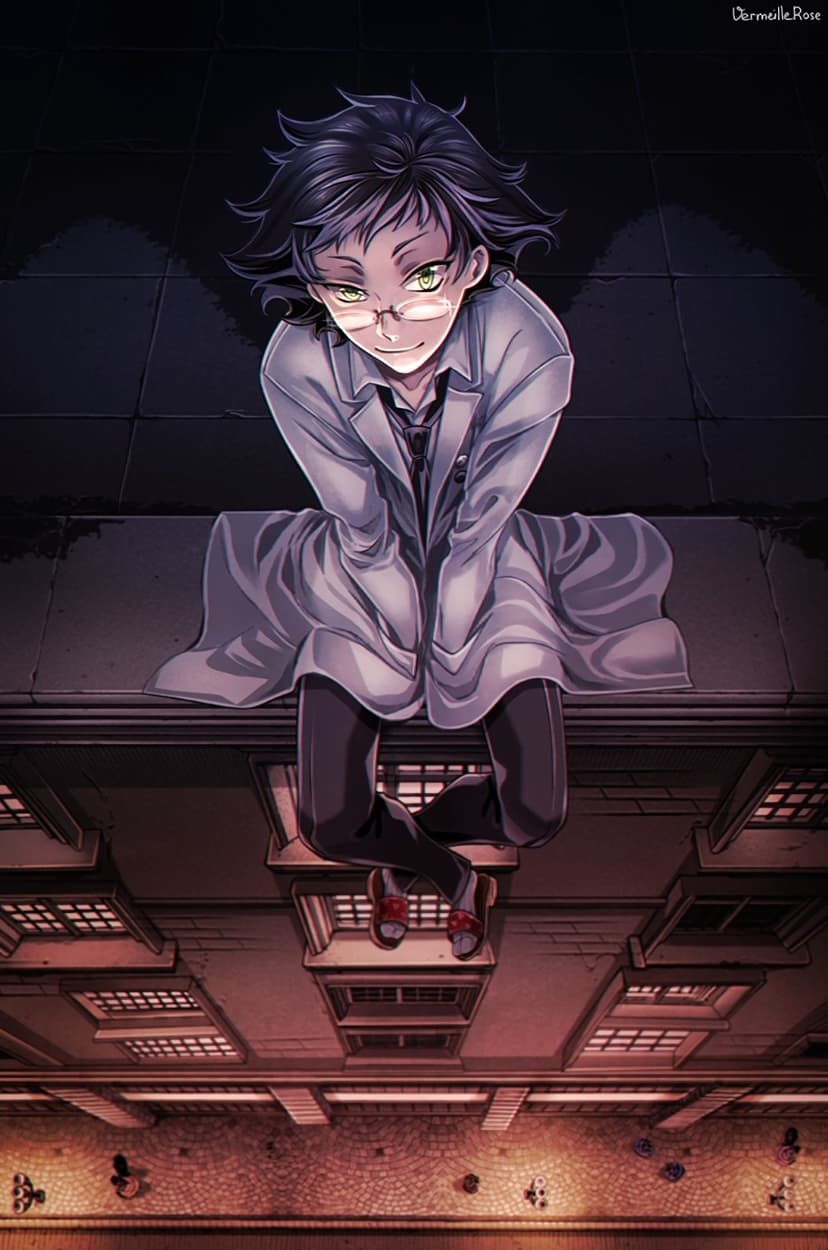 Scientist with glasses and a white lab coat perches on a dark ledge overlooking a shadowy industrial cityscape.