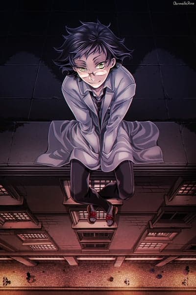 Anime scientist in lab coat sits on ledge overlooking city