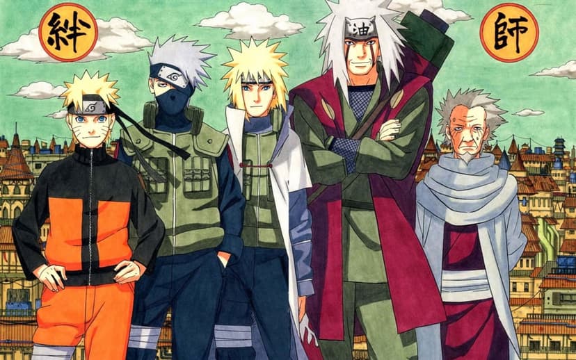 Naruto Uzumaki, Kakashi, Minato, Jiraiya, and Hiruzen Sarutobi standing in a row against a sunset city backdrop.