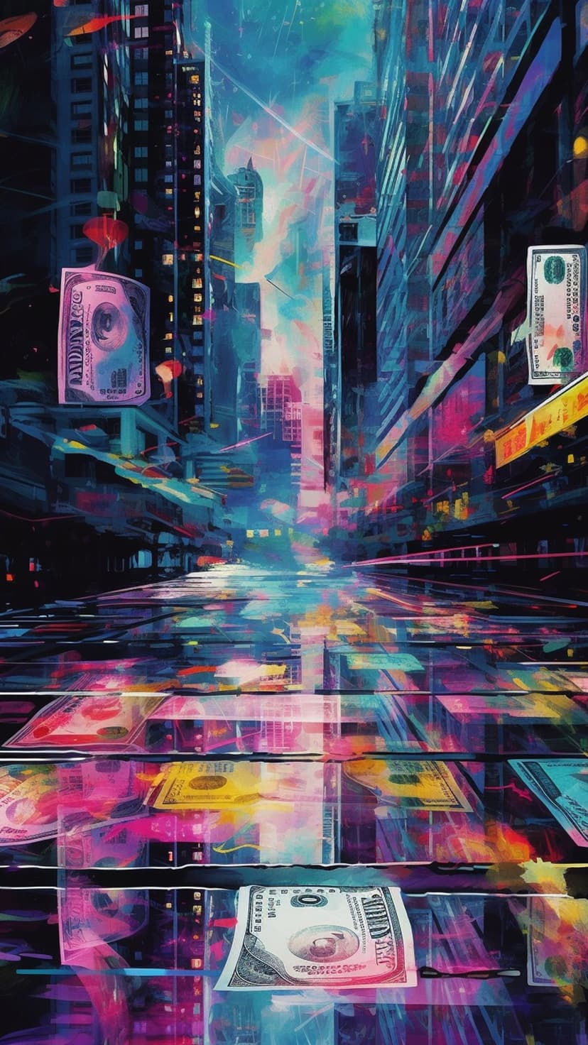 Floating dollar bills hover above a wet neon street reflecting glowing skyscrapers in a vertical city landscape.