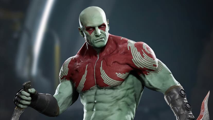 Green-skinned muscular warrior Drax with red chest tattoos holding a dagger in a dark industrial environment.