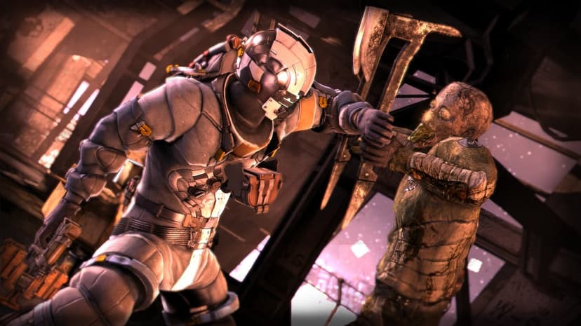 Isaac Clarke in a sci-fi suit fighting a decaying necromorph with an axe in a dark industrial corridor.