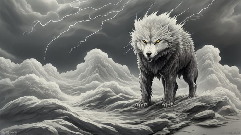 Alpha wolf with glowing yellow eyes stands on rocks as lightning bolts strike through dark, swirling clouds.