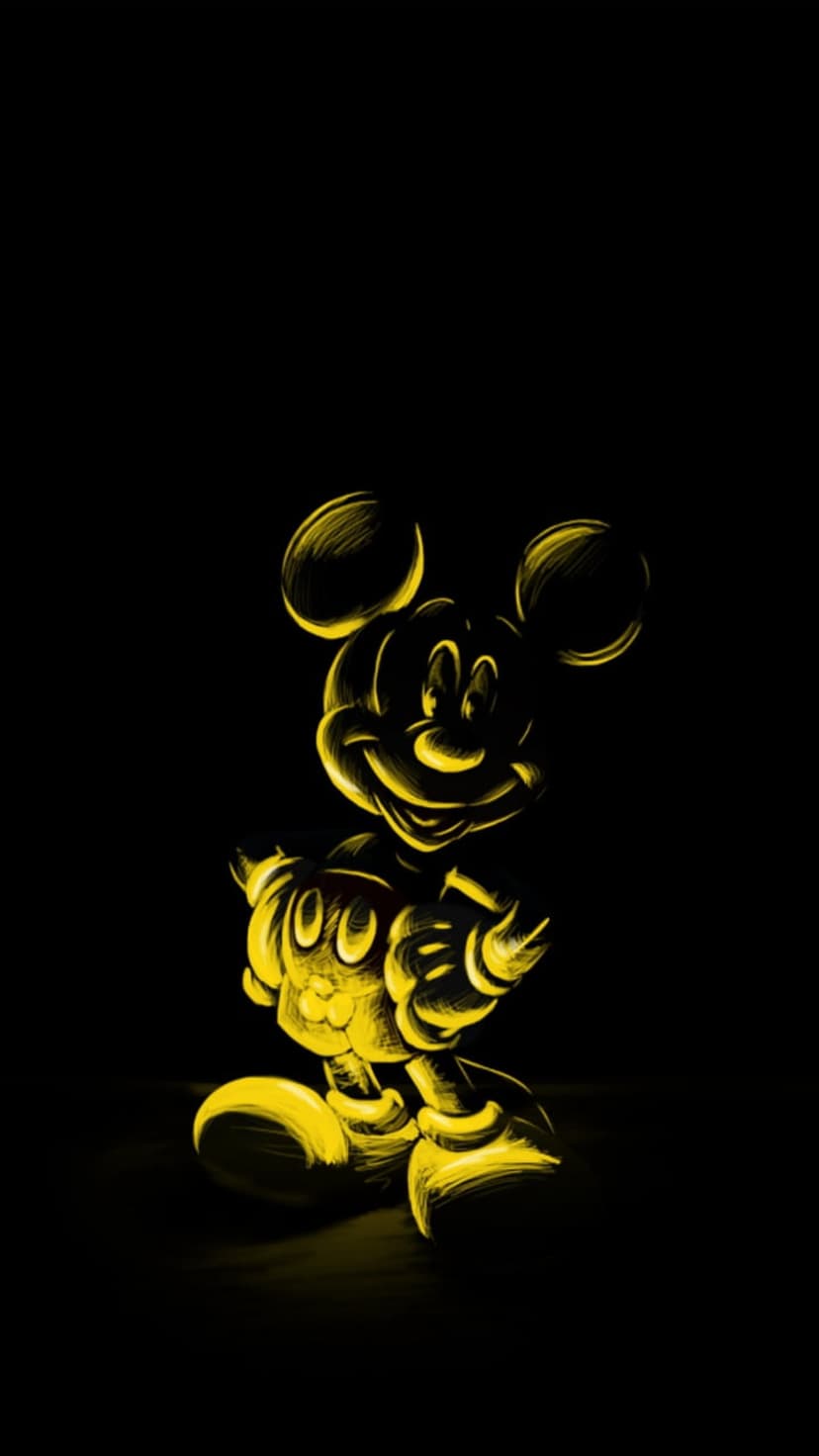 Mickey Mouse depicted with vibrant yellow sketch lines in a classic pose centered on a solid black background.