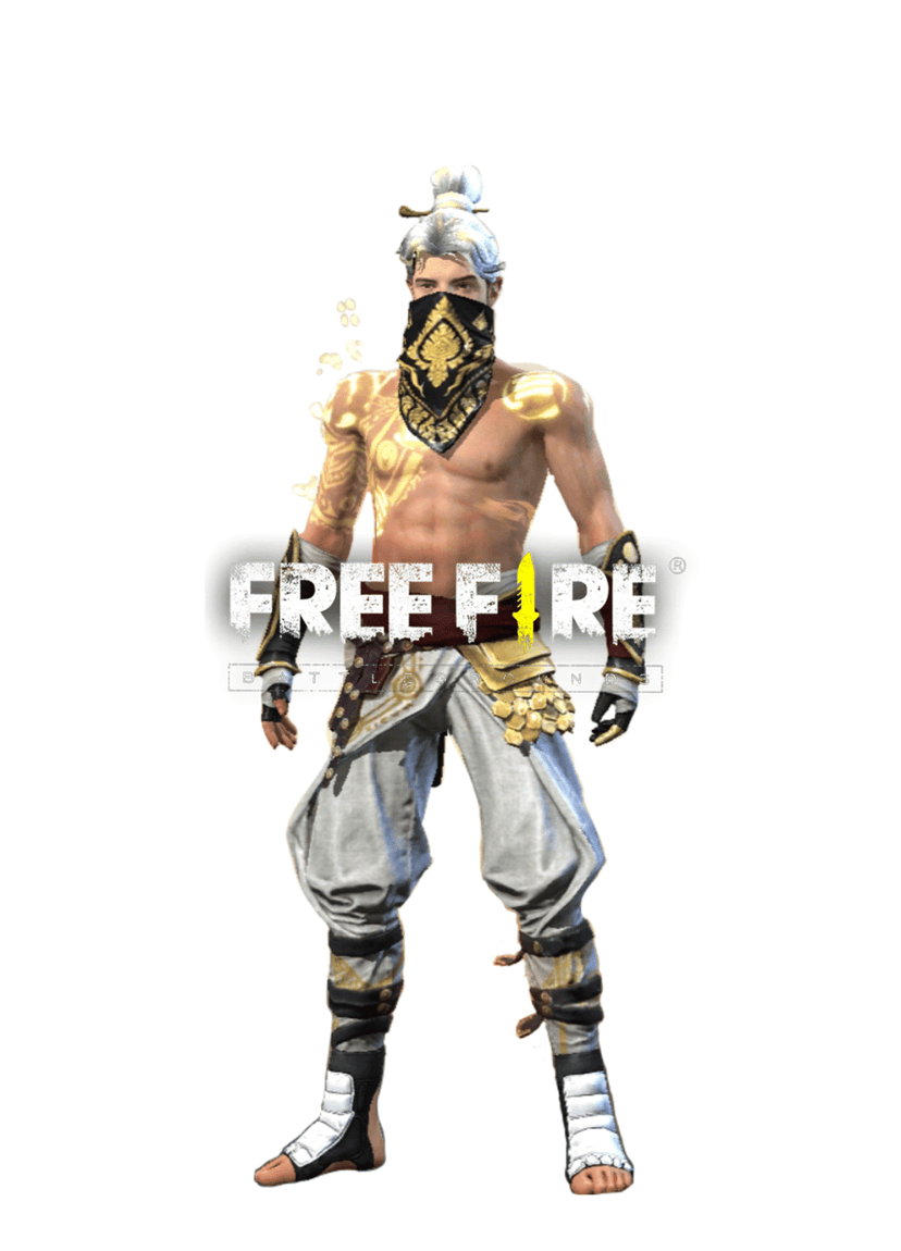 Free Fire warrior with glowing gold tattoos, a black patterned bandana, and white tactical gear against a dark void.
