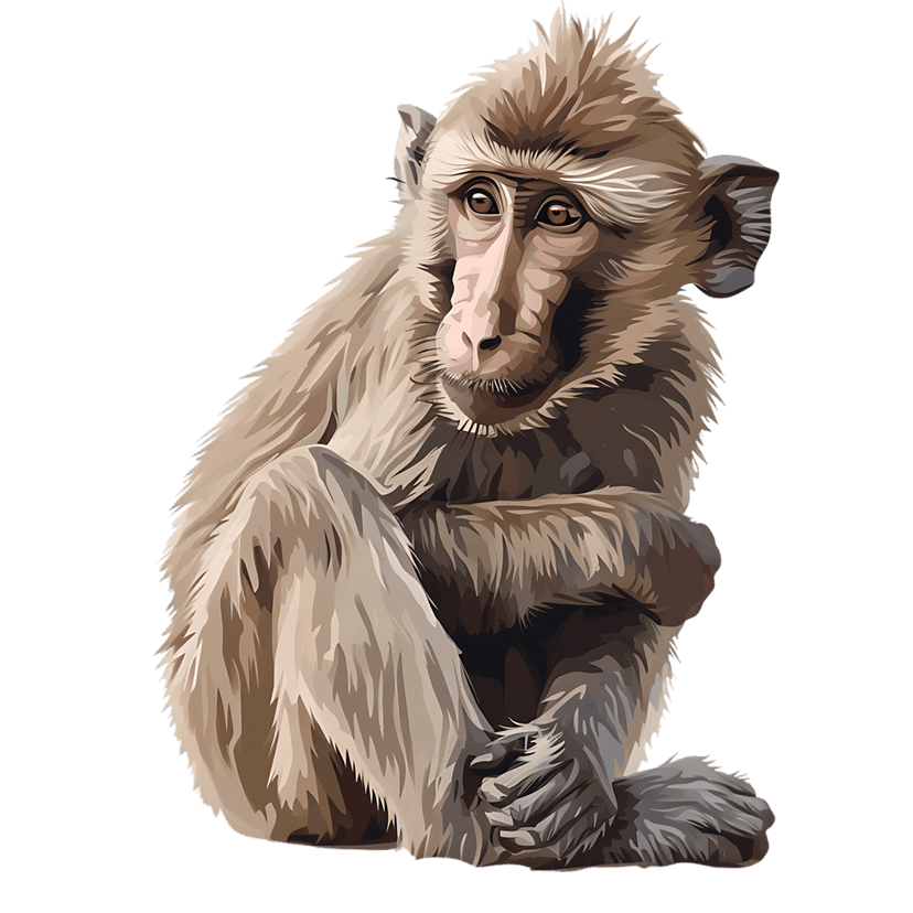 Macaque primate vector illustration sitting in a crouched pose featuring detailed brown fur and expressive eyes.