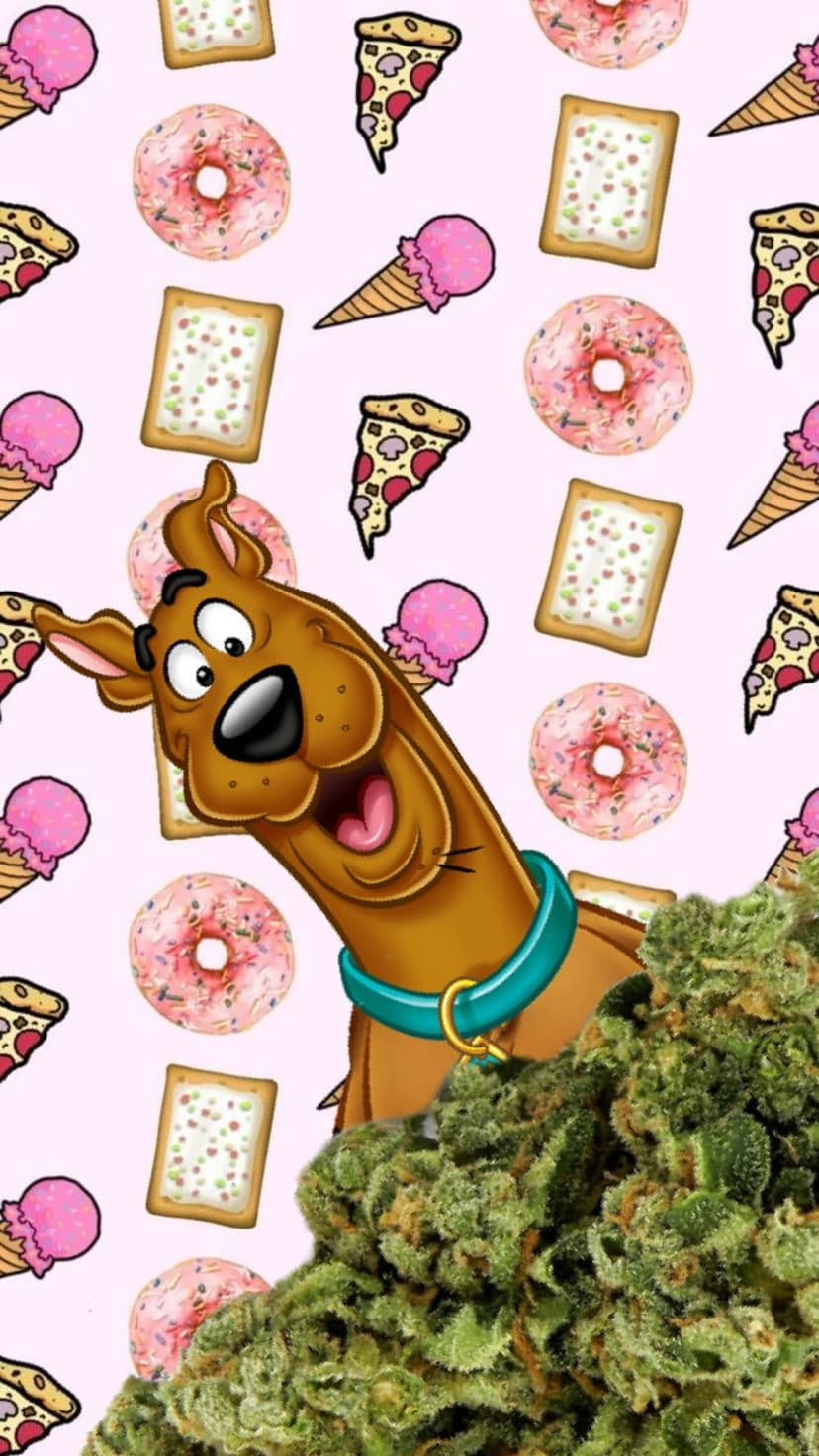 Scooby Doo sits with a happy expression surrounded by pizza, donuts, and snacks on a pastel pink background.