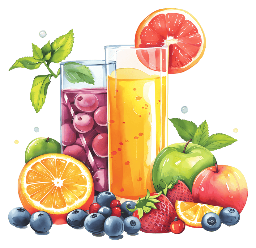Fresh fruit juice PNG displays orange liquid in a glass with strawberries, blueberries, and citrus slices.