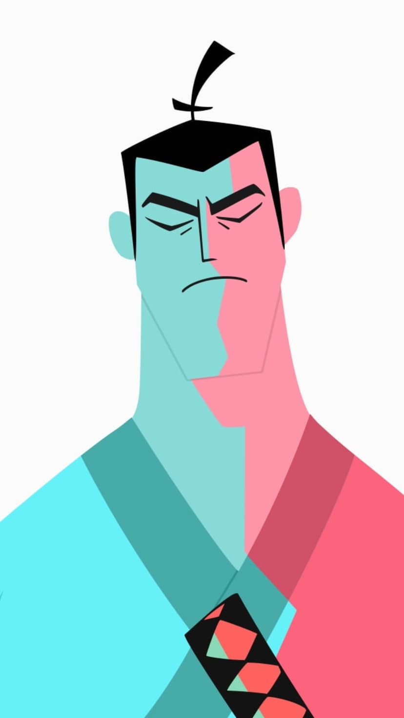 Samurai Jack features a stoic expression composed of sharp teal and pink geometric shapes in a vertical portrait.