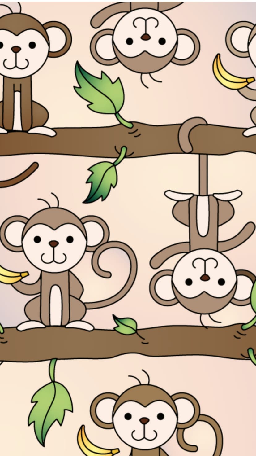 Cartoon monkeys hang from leafy branches and hold yellow bananas against a soft gradient pastel background.