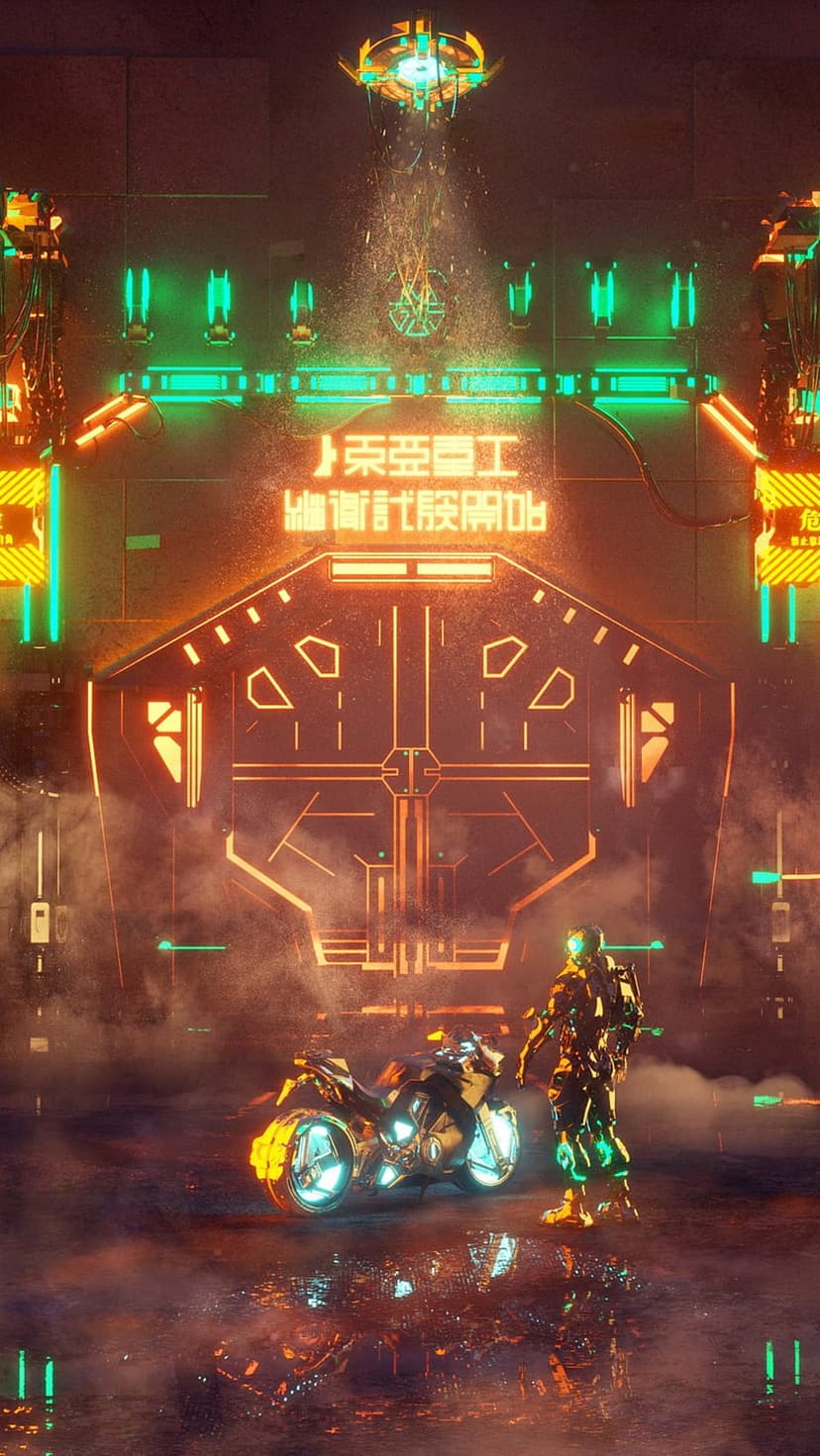 Armored soldier stands beside a glowing motorcycle under a massive neon archway with falling light particles.