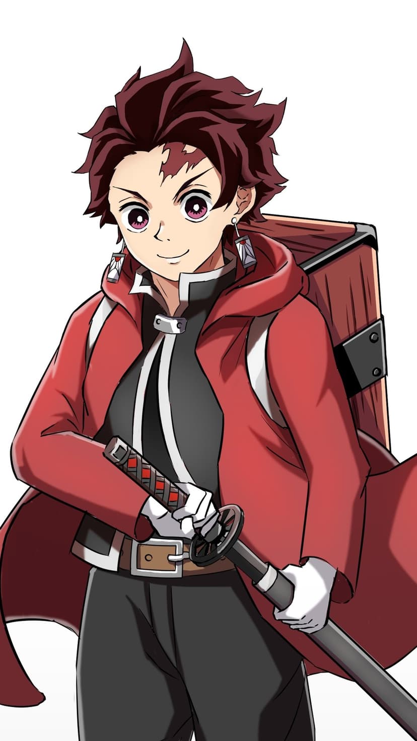 Tanjiro Kamado holds a black sword while wearing a red hooded jacket and carrying a wooden box on a white background.