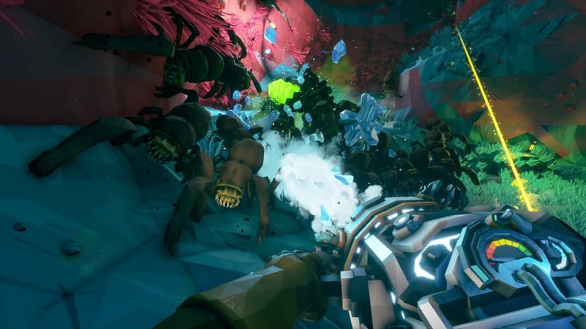 First-person view of a cryo cannon freezing giant alien spiders in a colorful low-poly crystalline cave.
