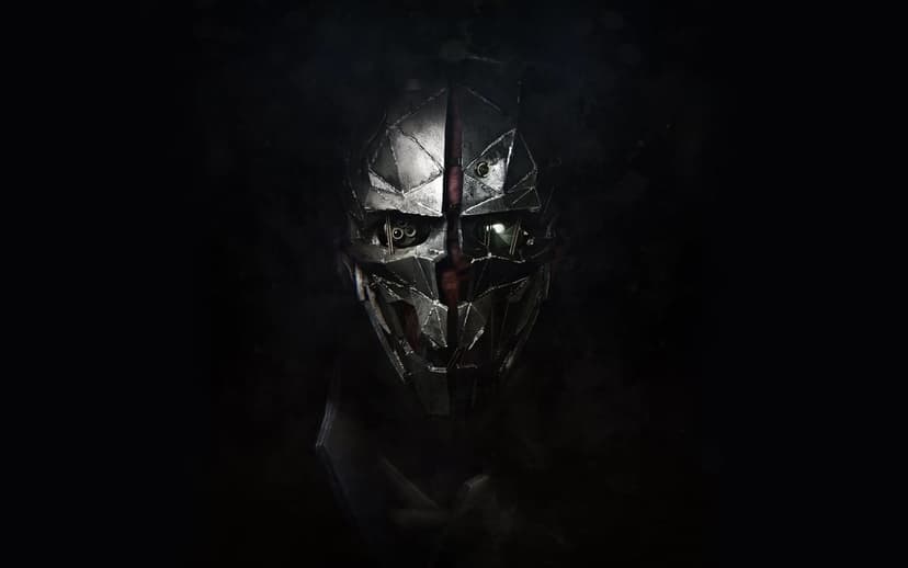 Mechanical faceted mask with glowing lenses and metallic textures set against a dark smoky background.