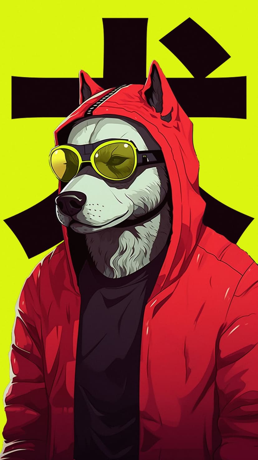 Husky dog wearing a red hoodie and yellow sunglasses in front of a yellow wall with black Japanese characters.
