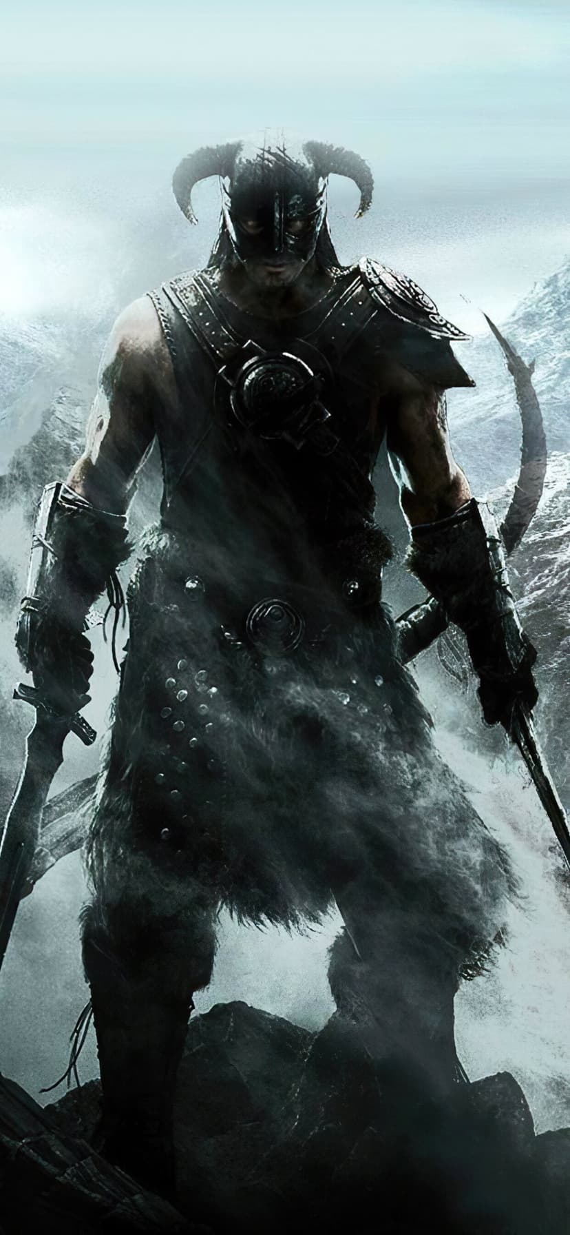 Horned warrior in iron armor stands dual-wielding swords against a foggy snowy mountain background.