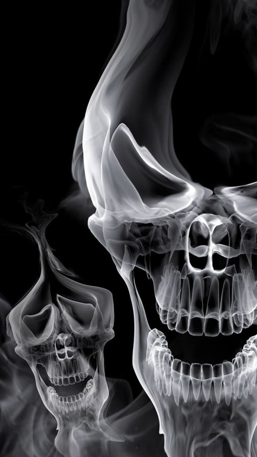 Two skulls formed from swirling white smoke with sharp teeth and dark eye sockets against a solid black background.