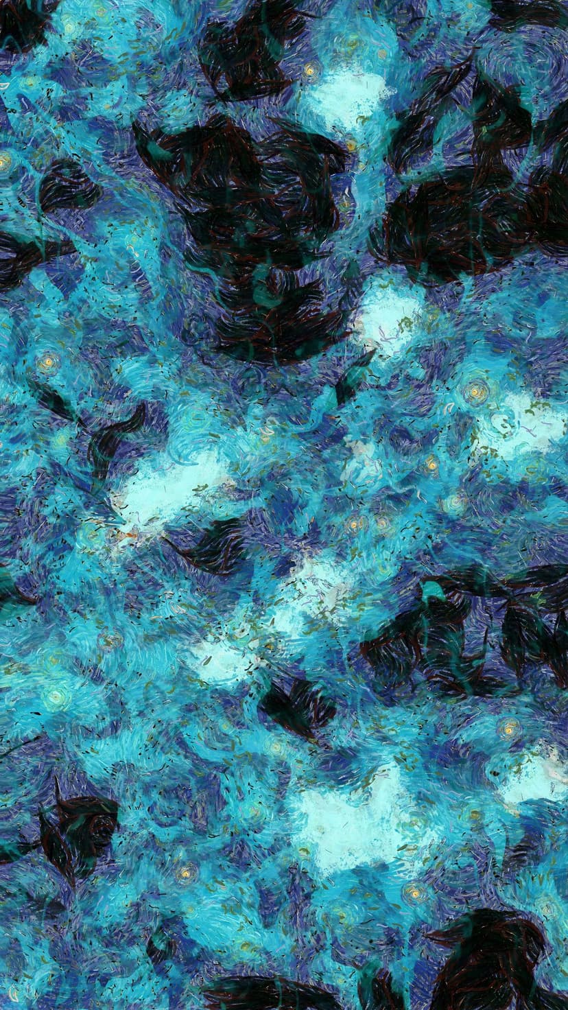 Swirling blue and black brushstrokes form a textured night sky with bright white and yellow starlight highlights.