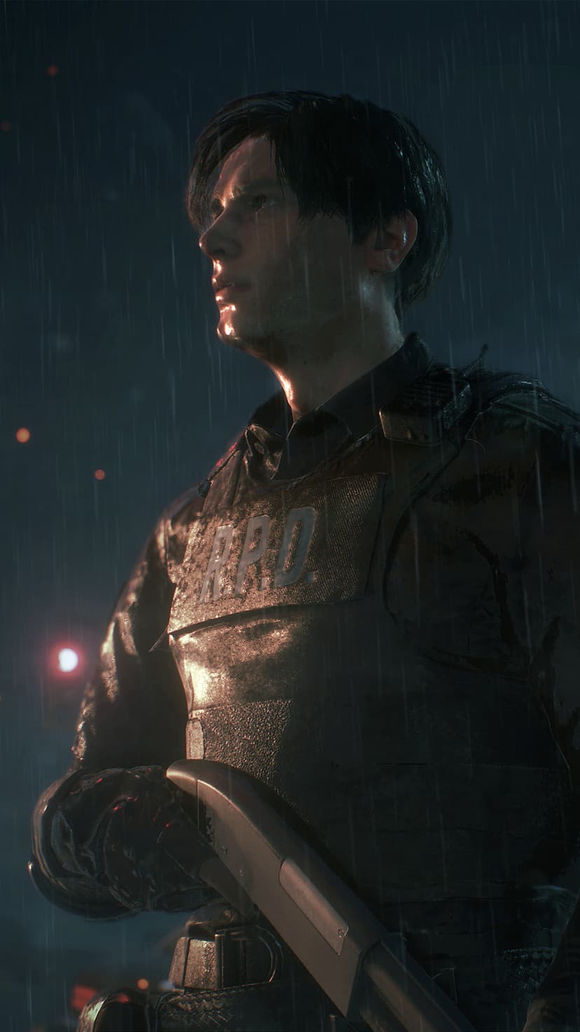 Leon Kennedy in RPD gear holding a shotgun during a rainstorm with cinematic orange rim lighting at night.