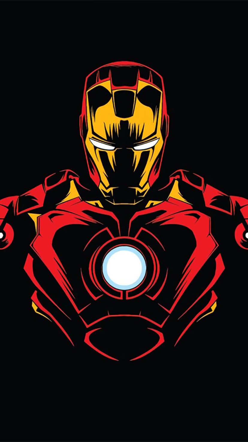 Iron Man helmet with glowing white eyes and a radiant arc reactor set against a deep black background.