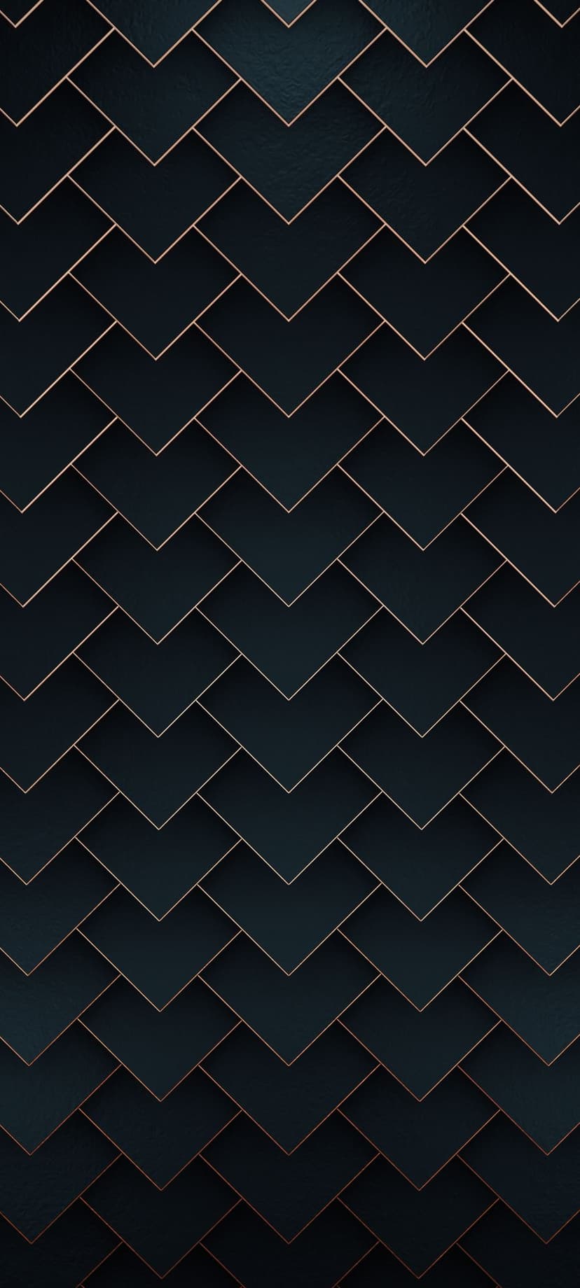 Copper metallic chevron patterns repeat over a dark navy blue background in a vertical geometric design.
