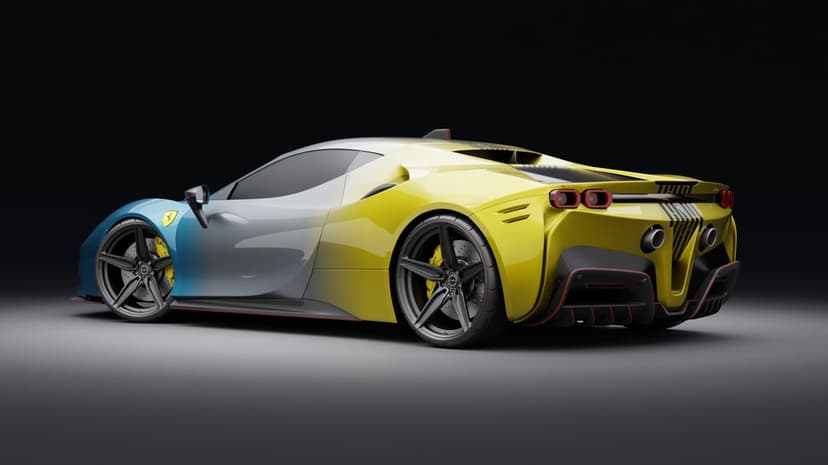 Ferrari supercar with a blue, silver, and yellow gradient paint job in a dark studio landscape background.