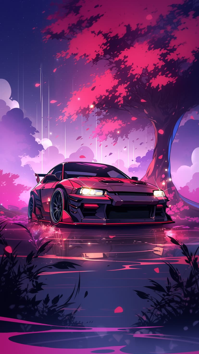 Red sports car parked beside a lake under a massive pink cherry blossom tree against a purple twilight sky.