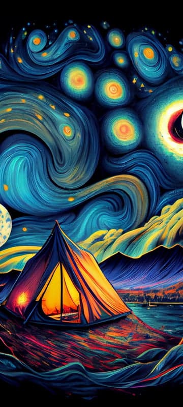 Van Gogh-inspired tent camping under a starry night sky