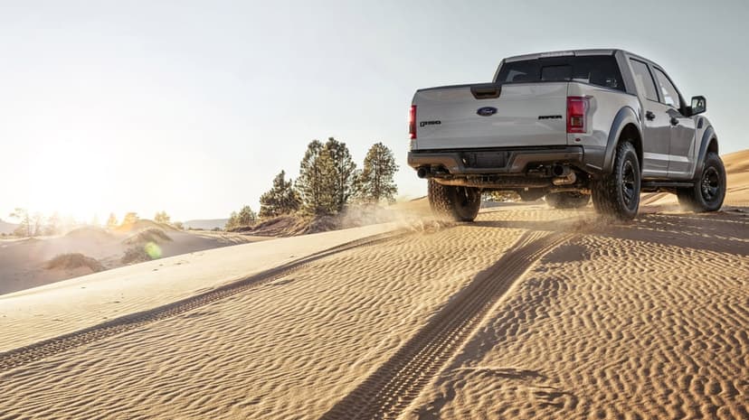 Silver Ford F-150 Raptor truck driving up a sandy dune at sunset, kicking up dust with deep tire tracks.