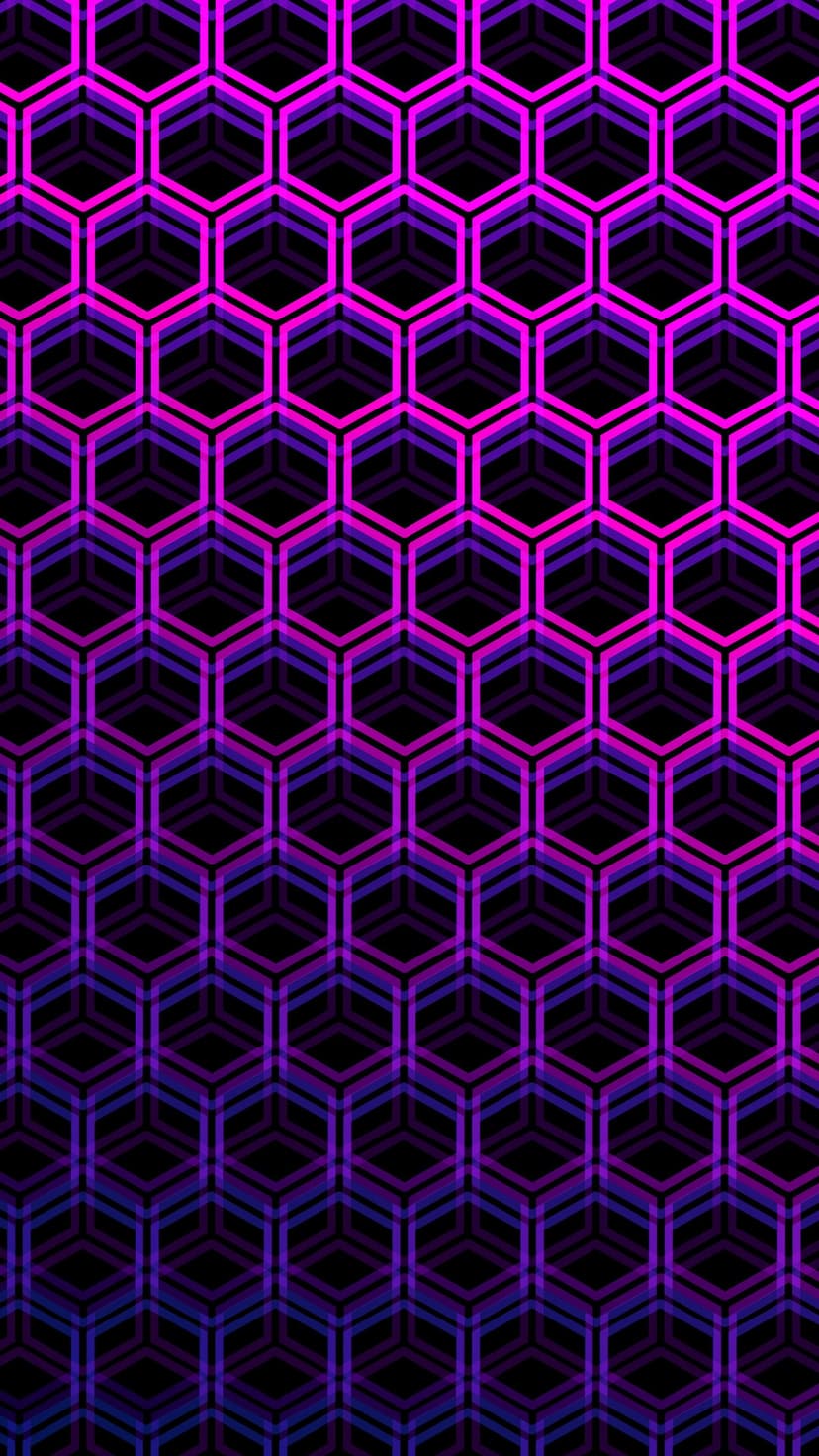 Interlocking purple and pink glowing hexagons form a geometric honeycomb pattern on a solid black background.