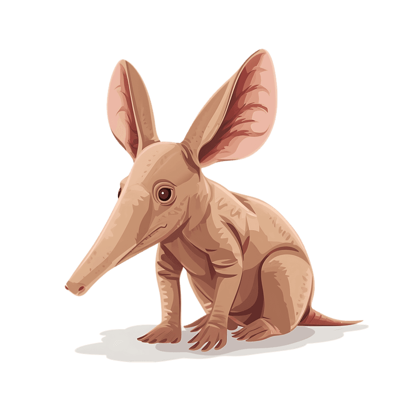 Aardvark character with large ears and a long snout sitting in a stylized cartoon pose on a clear background.