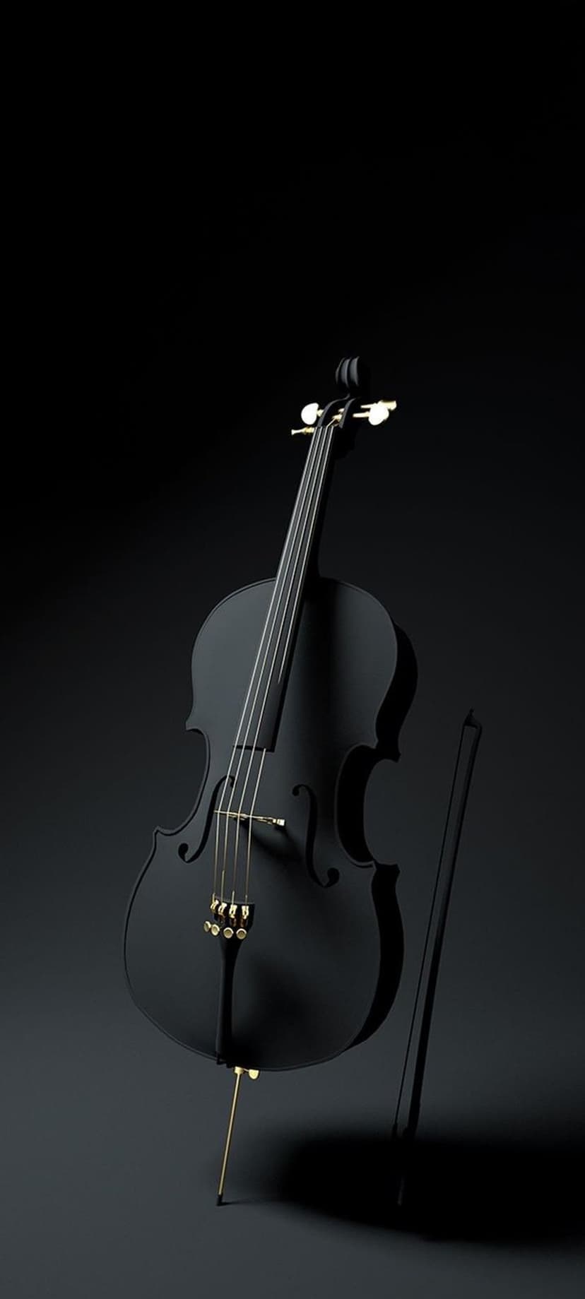 Black cello with gold tuning pegs and a vertical bow stands against a dark, minimalist studio background.