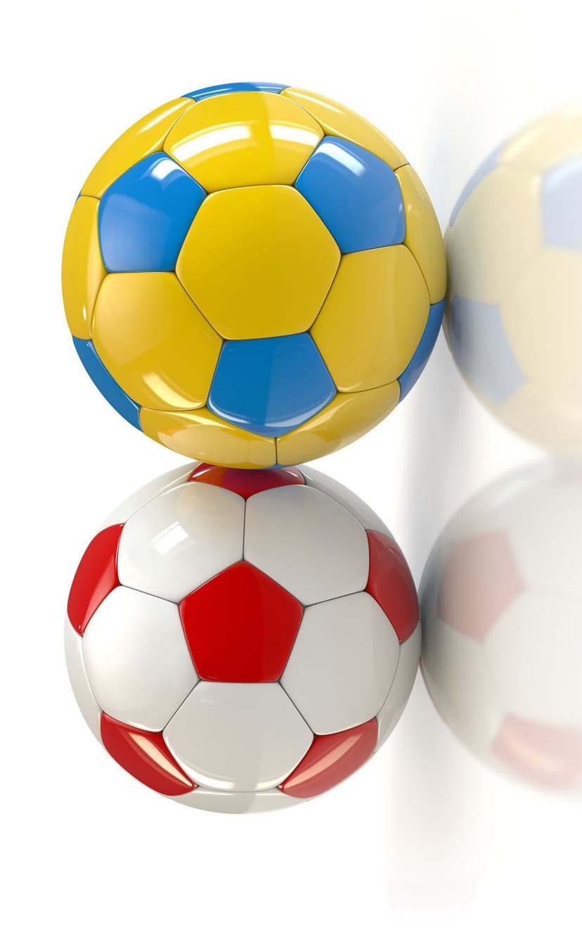 Yellow and blue soccer ball resting atop a red and white ball against a white background with soft bokeh effects.