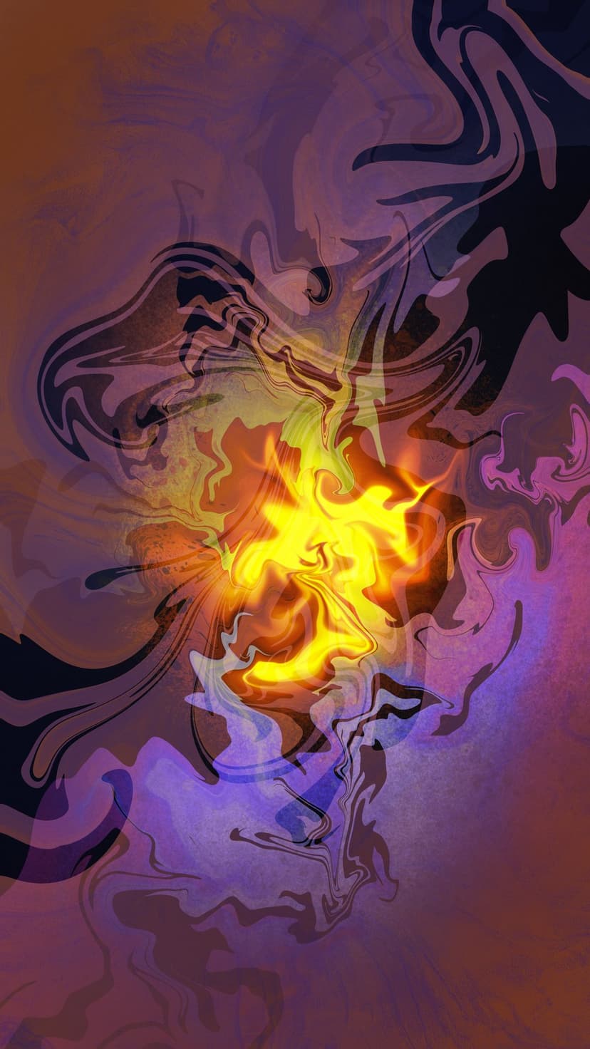 Swirling yellow flame vortex and dark purple smoke plumes spiraling outward from a bright central core.
